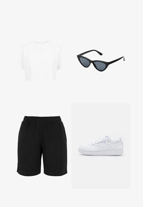 Camiseta blanca corta, de mangas cortas, con cuello redondo, hecha de una tela suave, sin patrones visibles ni herrajes distintivos.; Pantalones cortos de algodón negros con una cinturilla elástica, que presentan una textura suave y un corte sencillo. No hay bolsillos ni adornos visibles.; Zapatillas bajas de cuero blanco con puntera perforada, diseño de cordones, collar acolchado y suela de goma gruesa. Logo discreto en los laterales.; Gafas de sol negras en forma de ojo de gato con lentes gris oscuro, marco de plástico elegante, esquinas puntiagudas y patillas rectas. Sin herrajes ni acentos visibles.
