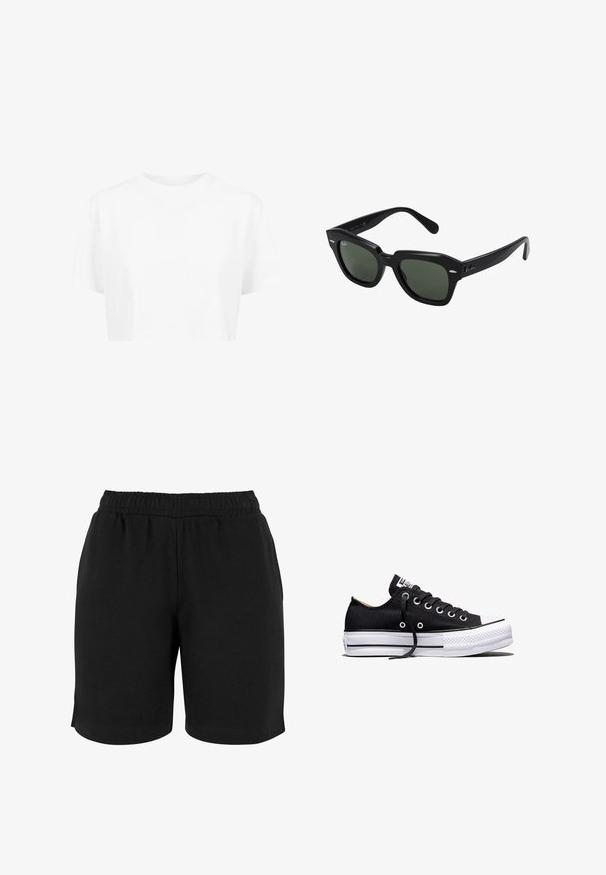 T-shirt blanche raccourcie, à manches courtes, col rond, en tissu lisse, sans motifs visibles ni quincaillerie distincte.; Shorts en coton noirs avec une taille élastique, présentant une texture lisse et une coupe simple. Aucun poche ni embellissement visible.; Baskets basses en toile noire avec semelle plateforme en caoutchouc blanche, lacets noirs et œillets métalliques sur fond blanc.; Lunettes de soleil carrées noires avec des verres vert foncé, présentant des montures audacieuses et des accents argentés sur les côtés. Fabriquées en Italie.