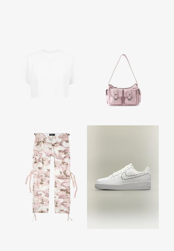 Hvid cropped t-shirt, korte ærmer, rund halsudskæring, lavet af blødt stof, uden synlige mønstre eller distinkt hardware.; Kamuflage cargo bukser i pink og beige nuancer, lavet af bomuldsmateriale, med flere lommer og snoretræk ved manchetterne.; Hvid lavtop-sneaker med perforeret Nike-swoosh-design på siden, hvide snørebånd og tekstureret sål på en neutral baggrund.; Lille lyserød skuldertaske i stof med to forlommer, hver sikret med en klap og metalring, samt lukning med en top lynlås.