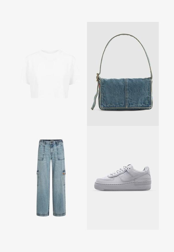 Hvid cropped t-shirt, korte ærmer, rund halsudskæring, lavet af blødt stof, uden synlige mønstre eller distinkt hardware.; Lyseblå denim cargo bukser med elastisk talje, to forlommer og sidelommer. Løs pasform med en lige ben-design.; Grå Nike Air Force 1 sneakers med perforeret tå, glat læderoverdel, tyk sål og præget 'AIR' detalje på hælen.; Denim skuldertaske med fold-over design, lys blå farve, synlige sømme, justerbar rem og en sidelabel-detalje.