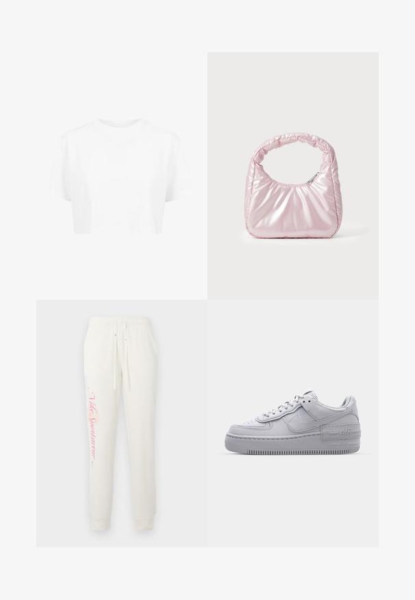 Hvid cropped t-shirt, korte ærmer, rund halsudskæring, lavet af blødt stof, uden synlige mønstre eller distinkt hardware.; Hvide sweatpants med en tætsiddende design, prydet med et pink "Nike Sportswear" logo på det venstre ben og elastisk talje med snore.; Grå Nike Air Force 1 sneakers med perforeret tå, glat læderoverdel, tyk sål og præget 'AIR' detalje på hælen.; Rosa, polstret håndtaske med afrundet design, lavet af skinnende materiale. Har et samlet håndtag og en lynlås til sikker adgang.