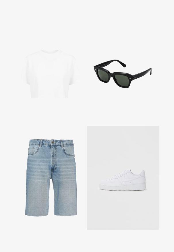 Weißes, kurzes T-Shirt mit kurzen Ärmeln und rundem Halsausschnitt, aus glattem Stoff, ohne sichtbare Muster oder auffällige Hardware.; Jeansshorts in hellblau, mit einem klassischen Fünf-Taschen-Design, Knopfverschluss, geradem Schnitt und subtilen Ausbleichungen im Stoff.; Weiße Nike Air Force 1 Sneaker mit Obermaterial aus Leder, runder Zehenpartie, schnürbarer Verschluss, gepolsterter Kragen und strukturiertem Gummisohle.; Schwarze quadratische Sonnenbrillen mit dunkelgrünen Gläsern, ausgestattet mit markanten Rahmen und silbernen Akzenten an den Seiten. Hergestellt in Italien.