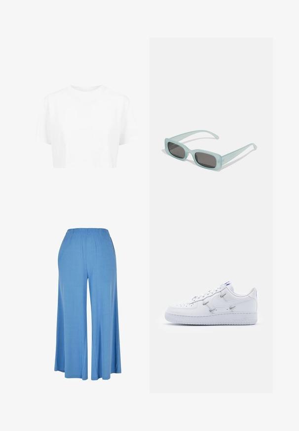 Witte cropped t-shirt, korte mouwen, ronde halslijn, gemaakt van gladde stof, zonder zichtbare patronen of opvallende hardware.; Lichtblauwe wijde broek van zacht materiaal, met een elastische tailleband en een losse pasvorm die tot halverwege de kuit reikt.; Nike Sportswear AIR FORCE 1 - Sneakers laag - white/hyper royal/black; Een paar rechthoekige zonnebrillen met lichtblauwe doorzichtige monturen en donkergrijze glazen, met rechte pootjes en minimale hardwaredetails.
