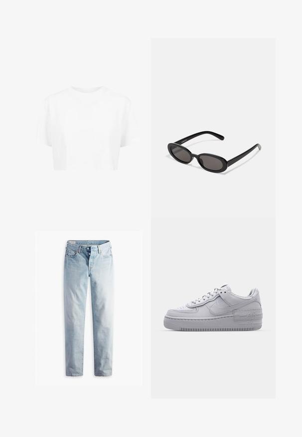 Hvid cropped t-shirt, korte ærmer, rund halsudskæring, lavet af blødt stof, uden synlige mønstre eller distinkt hardware.; Lyseblå denimjeans med lige ben, fem lommer og metal-knapper i en standard livvidde.; Grå Nike Air Force 1 sneakers med perforeret tå, glat læderoverdel, tyk sål og præget 'AIR' detalje på hælen.; Even&Odd by Zalando Solbriller - black