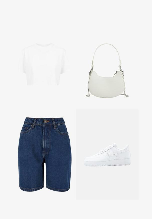 Witte cropped t-shirt, korte mouwen, ronde halslijn, gemaakt van gladde stof, zonder zichtbare patronen of opvallende hardware.; Denim shorts in een donkerblauwe kleur, met een hoge taille, een vijf-pocket ontwerp en contrasterende oranje stiksels. De stof lijkt textuur te hebben.; Witte Nike Air Force 1 sneaker met gespikkelde Swoosh-detail en dikke zool, afgebeeld tegen een effen lichtgrijze achtergrond.; Witte synthetische handtas met een gebogen vorm, voorzien van een kettingriem en een minimalistisch ontwerp. Vlotte textuur met zilveren hardware accenten.
