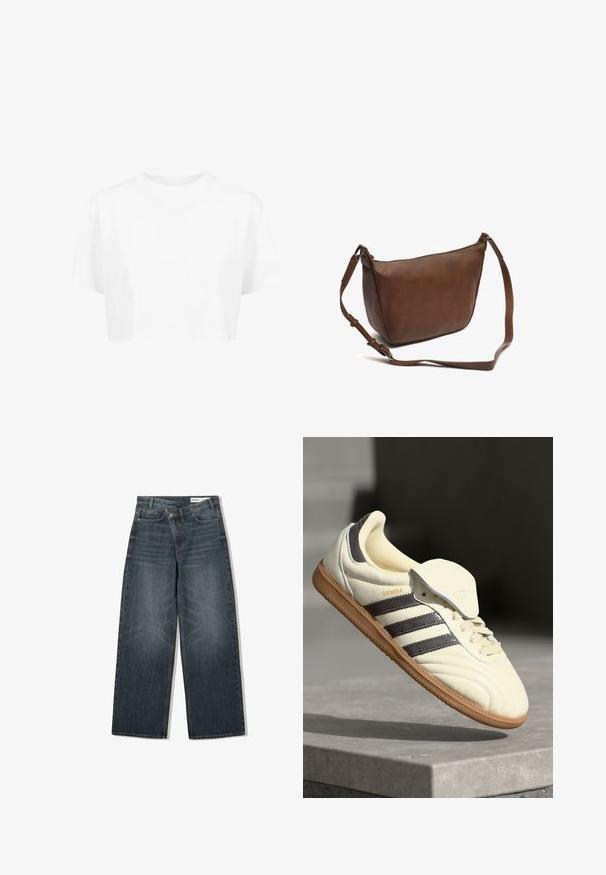 Hvid cropped t-shirt, korte ærmer, rund halsudskæring, lavet af blødt stof, uden synlige mønstre eller distinkt hardware.; Mørk vaskede denim jeans med en bred benudskæring, der har høj talje, fem lommer og diskrete slidser på forsiden.; Cremefarvede lædersneakers med tre mørke striber, en brun gummisål og en afrundet tå. Har en foldbar tunge mærket "SAMBA."; Brun læder crossbody taske med en glat overflade, rektangulær form, lynlåslukning og justerbar rem. Ingen synlige hardware detaljer.