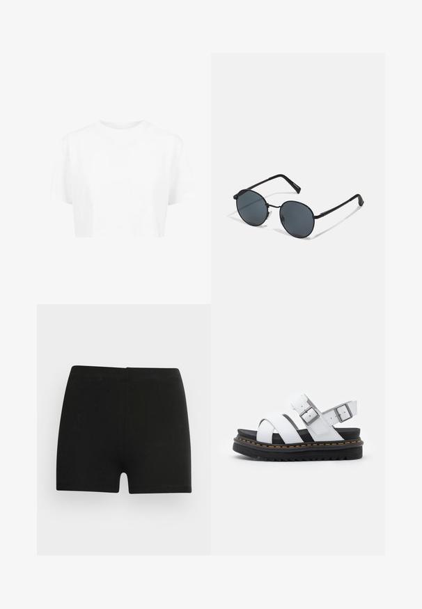 T-shirt blanche raccourcie, à manches courtes, col rond, en tissu lisse, sans motifs visibles ni quincaillerie distincte.; Shorts en coton noir au design ajusté et à taille élastique. Texture lisse, longueur mi-cuisse, sans motifs ni accents visibles.; Sandales en cuir blanc avec des sangles réglables à boucle, semelle en noir superposée et détail de couture orange le long du bord.; Lunettes de soleil en métal noir avec des verres ronds, teintés foncés, branches fines et plaquettes de nez réglables, arborant un design minimaliste sans logo visible.