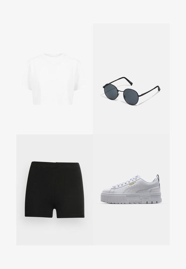 Hvid cropped t-shirt, korte ærmer, rund halsudskæring, lavet af blødt stof, uden synlige mønstre eller distinkt hardware.; Sorte bomulds shorts med et tætsiddende design og elastisk talje. Glat tekstur, længde til midt på låret, og uden synlige mønstre eller accenter.; Hvide platform sneakers med en glat læderoverdel, polstret krave, grå gummisål og gyldne detaljer med Puma-logoet.; Sorte metal solbriller med runde linser, mørkt tonede, slanke arme og justerbare næsepuder, der har et minimalistisk design uden synlig branding.