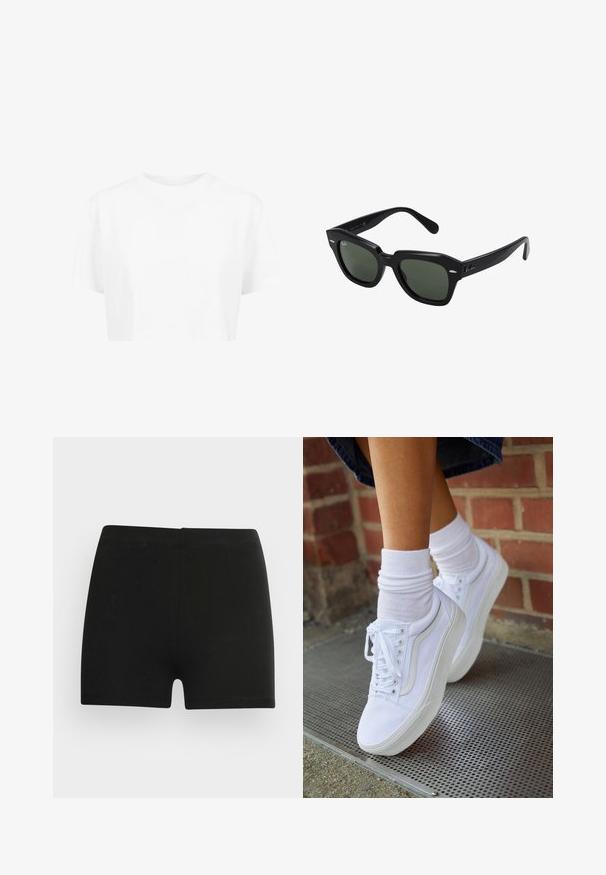 Hvid cropped t-shirt, korte ærmer, rund halsudskæring, lavet af blødt stof, uden synlige mønstre eller distinkt hardware.; Sorte bomulds shorts med et tætsiddende design og elastisk talje. Glat tekstur, længde til midt på låret, og uden synlige mønstre eller accenter.; Hvide lærreds sneakers med gummisåler, der har seks snørehuller, rund tå og let sømdetaljer, krydret med hvide ankelstrømper.; Sorte firkantede solbriller med mørkegrønne linser, der har kraftige stel og sølvdetaljer på siderne. Fremstillet i Italien.