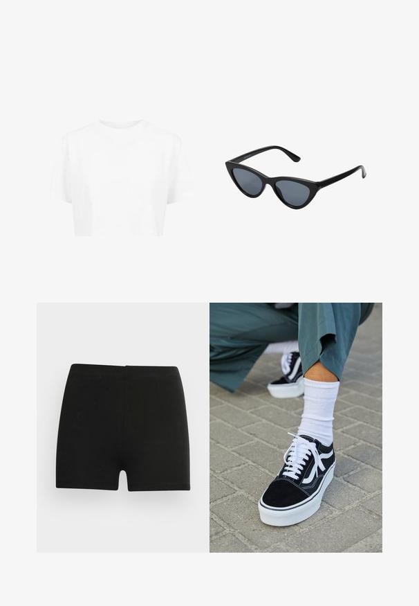 Hvid cropped t-shirt, korte ærmer, rund halsudskæring, lavet af blødt stof, uden synlige mønstre eller distinkt hardware.; Sorte bomulds shorts med et tætsiddende design og elastisk talje. Glat tekstur, længde til midt på låret, og uden synlige mønstre eller accenter.; Sorte ruskinds sneakers med hvide accenter og snørebånd, der har en tyk hvid sål og kontrasterende syninger, parret med en hvid sok.; Sorte katteøje solbriller med mørkegrå linser, slankt plastisk stel, spidse hjørner og lige stænger. Ingen synlig hardware eller dekorationer.