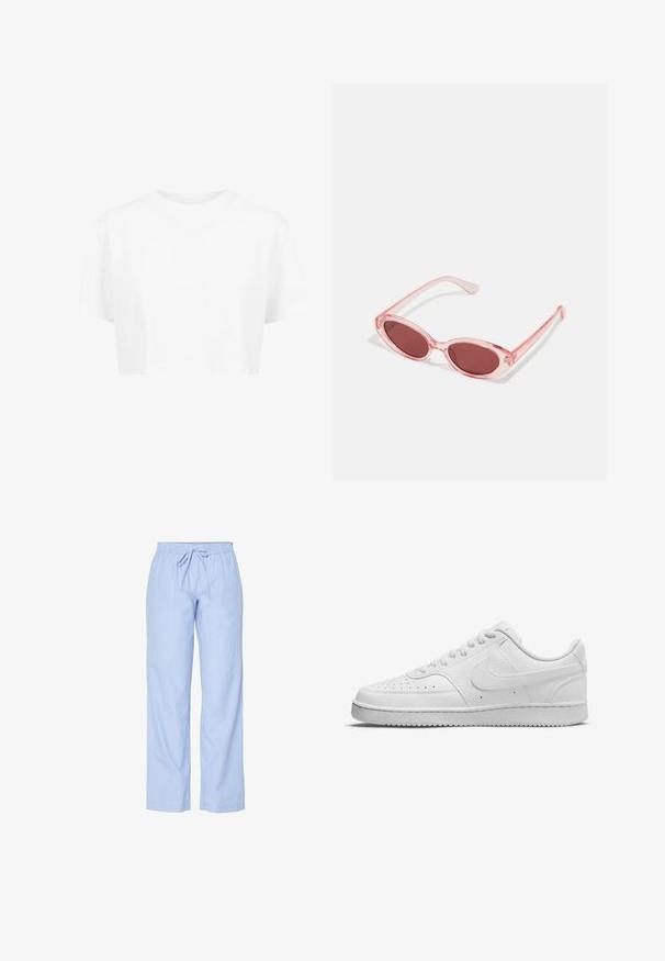 Camiseta blanca corta, de mangas cortas, con cuello redondo, hecha de una tela suave, sin patrones visibles ni herrajes distintivos.; Pantalones de pijama azul claro con rayas verticales blancas. Cuentan con una cinturilla elástica con cordón. La tela parece suave con una textura lisa.; Zapatilla de piel blanca de corte bajo con cierre de cordones, puntera perforada y suela texturizada, vista de lado sobre fondo blanco.; Gafas de sol transparentes rosas con lentes ovalados, tinte rojo oscuro y varillas delgadas, con un acabado suave y detalles sutiles en la montura.