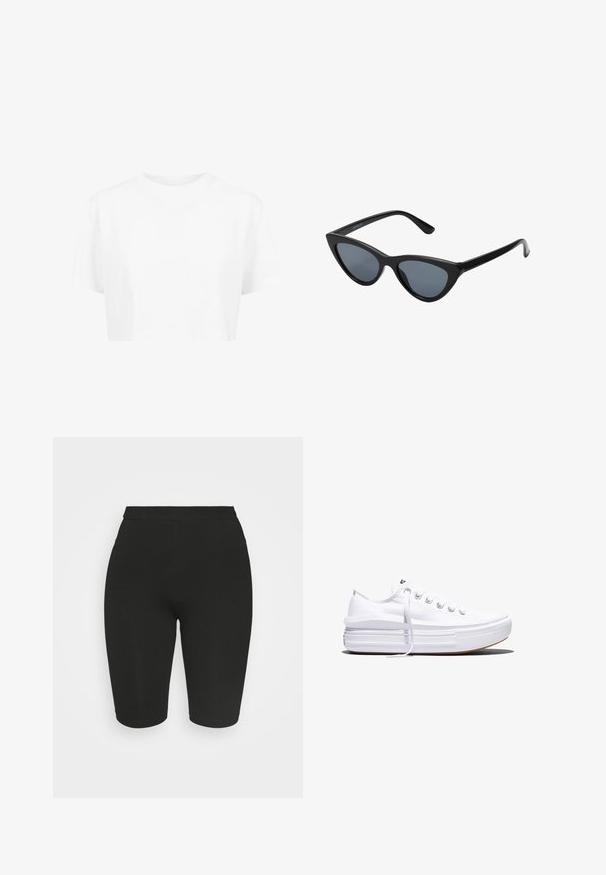 T-shirt blanche raccourcie, à manches courtes, col rond, en tissu lisse, sans motifs visibles ni quincaillerie distincte.; Shorts de cyclisme noirs avec un design ajusté, une taille élastique et une texture lisse. La longueur tombe au-dessus du genou. Pas de motifs ou d'embellissements visibles.; Baskets basses blanches en toile avec semelle plateforme épaisse, lacets sur le devant et embout en caoutchouc texturé, vues de profil.; Lunettes de soleil noires en forme d'œil de chat avec des verres gris foncé, monture en plastique élégante, coins pointus et branches droites. Pas de métal visible ni d'accents.