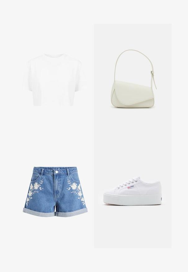 Hvid cropped t-shirt, korte ærmer, rund halsudskæring, lavet af blødt stof, uden synlige mønstre eller distinkt hardware.; Blå denimshorts med opsmøgede kanter og hvid blomsterbroderi på begge forstykker, med bæltestropper og forlommer.; Hvide canvas sneakers med en tyk hvid platformssål, rund tå og metaløjelets til snørebånd. Mærkets logo præsenteret på siden.; Hvid taske i faux læder med en struktureret trekantet form, enkelt justerbart skulderstrop og en flaplås med kurver.