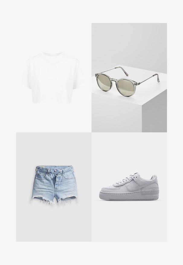 Witte cropped t-shirt, korte mouwen, ronde halslijn, gemaakt van gladde stof, zonder zichtbare patronen of opvallende hardware.; Lichtblauwe denim short met afgeknipte pijpen en rafelige zoom, vijf zakken en een knoopsluiting. De stof is zacht en heeft een licht versleten uitstraling.; Grijze Nike Air Force 1 sneaker met geperforeerde neus, glad leren bovenwerk, dikke zool en verhoogde 'AIR' details op de hiel.; Ronde zonnebrillen met transparante grijze monturen en grijs-getinte lenzen. Metalen accenten op de veren en gebogen armen voor stabiliteit.