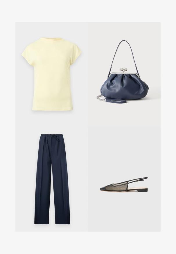 T-shirt jaune clair à manches courtes avec un col rond, présenté sur un fond gris clair neutre.; Pantalon large bleu marine avec taille élastique et cordon de serrage ajustable, présenté à plat sur un fond blanc.; Chaussure à talon ouvert noir et or avec un bout pointu, un design en maille et une semelle plate. Équipée d'une fine sangle au niveau de la cheville avec un accent de boucle circulaire.; Sac à main en cuir bleu marine doux avec fermeture à boucle argentée, une seule bandoulière, et une chaîne de poignet amovible sur fond blanc.
