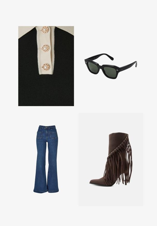 YAS YASMILLE - Polo - black/star white; Jean en denim bleu taille haute avec jambes évasées larges, poches plaquées à l'avant, passants de ceinture et fermeture par bouton.; Bottine marron en daim à talon haut avec bout pointu et longues franges suspendues du bord supérieur.; Lunettes de soleil carrées noires avec des verres vert foncé, présentant des montures audacieuses et des accents argentés sur les côtés. Fabriquées en Italie.