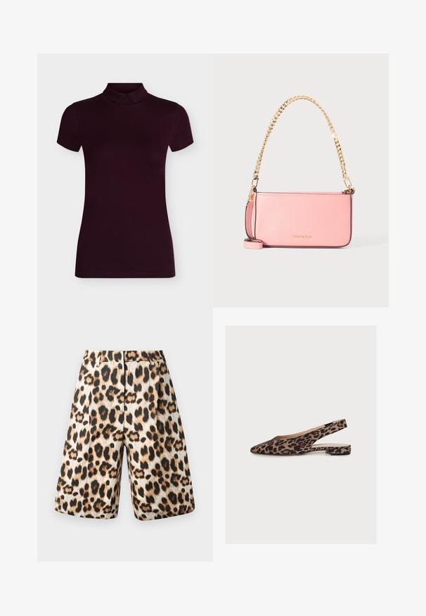 Kortærmet, figursyet mørkelilla rullekravetrøje med lille krave, vist på en ensfarvet lys baggrund.; Shorts med leopardprint, der har en blanding af beige og sorte nuancer, plisseret design og sidelommer. Fremstillet af glat stof med en shiny finish.; Flad slingback-sko med leopardmønster, spids tå og lav hæl, vist fra siden mod en hvid baggrund.; Lyserød læderhåndtaske med guldkæde-rem og lille matchende håndledsløjfe, Michael Kors-logo prægede på frontens midte.