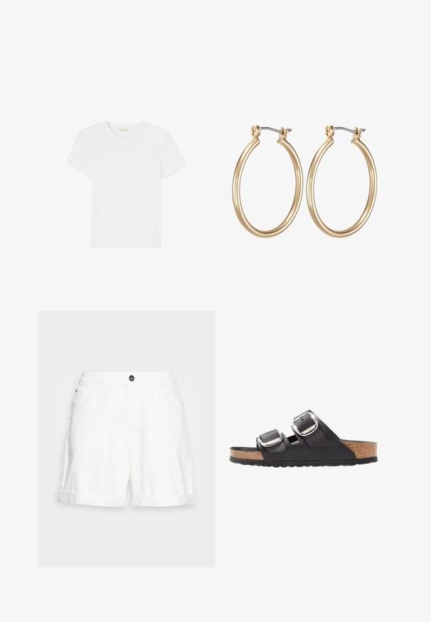 Effen wit korte mouw T-shirt met ronde hals, plat neergelegd op een witte achtergrond.; Witte denim shorts met een opgerolde zoom, vijf-pocketdesign en een zwarte knop bij de taille. Zachte textuur en casual snit.; Zwarte sandaal met twee verstelbare banden, zilveren gespen en een kurken voetbed op een gestructureerde zwarte rubberen zool.; Gouden metalen ring oorbellen met een glad, rond ontwerp en een veilige scharnier sluiting. Lichtgewicht met een gepolijste afwerking.