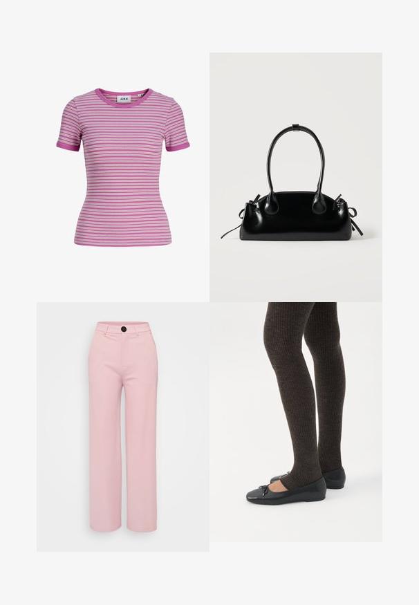 Kortærmet, tætsiddende ribstrikket skjorte med vandrette hvide, pink og lilla striber og rund halsudskæring.; Lys rosa bred benbukser med en glat tekstur, der har en sort knap og et klassisk talje design. Ingen ekstra lommer synlige.; Ben iført mørke ribbede leggings kombineret med sorte balletsko med små sløjfedetaljer på hvid baggrund.; Lille sort blank håndtaske med to lange håndtag og snøre-detaljer i siden på en ensfarvet lys baggrund.