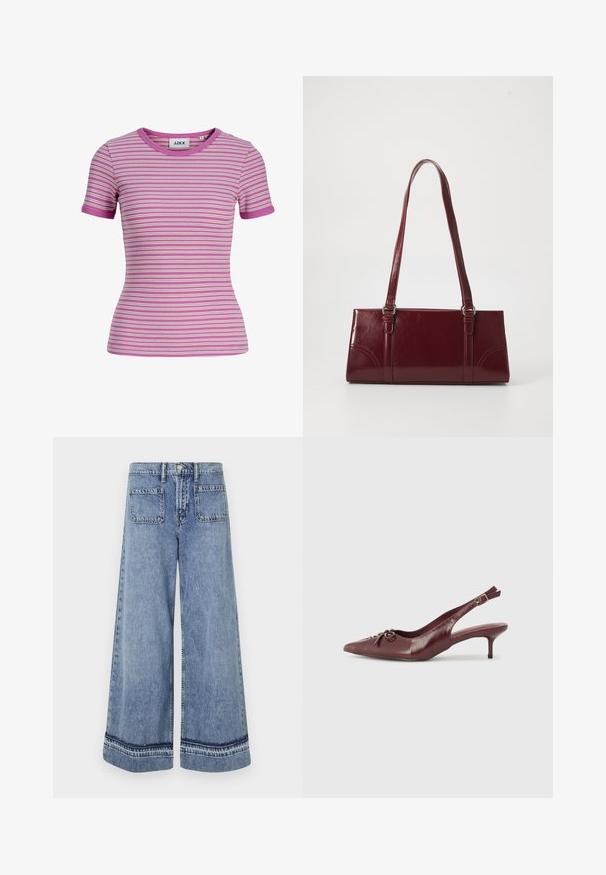 Kortærmet, tætsiddende ribstrikket skjorte med vandrette hvide, pink og lilla striber og rund halsudskæring.; Lysblå denim brede bukser med høj talje, to baglommer og kontrasterende syninger langs kanten.; Bordeaux læder slingback hæl med spidse tå, justerbar rem og dekorativ sløjfedetalje foran. 7,5 cm hælhøjde.; Bordeaux håndtaske lavet af glansfuldt materiale, rektangulær form, med to skulderremme og subtile buede detaljer på forsiden.