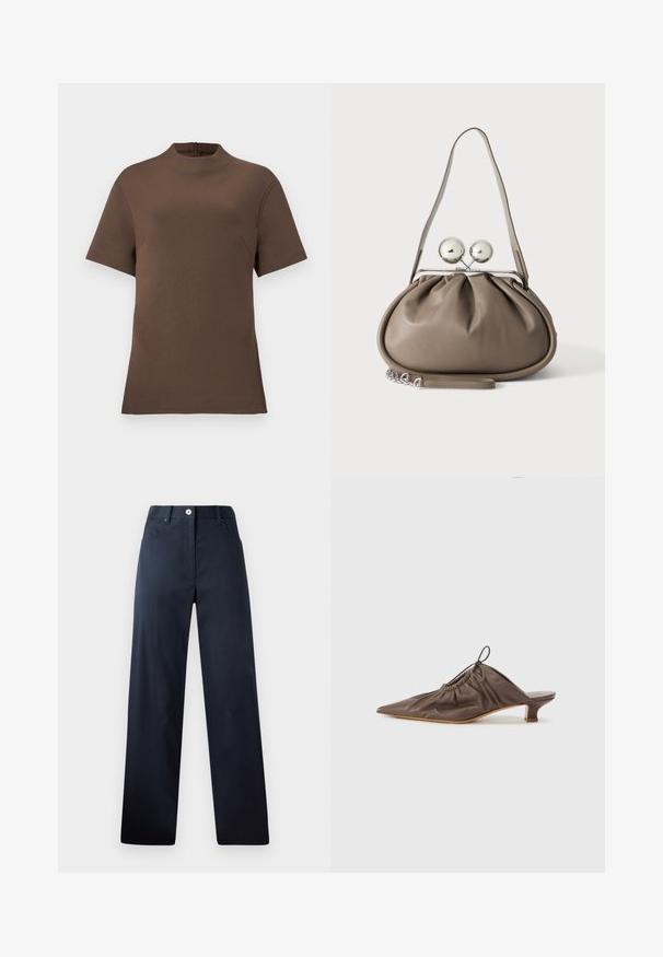 Haut court marron à manches courtes avec un col montant et une fermeture éclair au dos. Fabriqué à partir d'un tissu lisse avec une texture subtile. Dispose d'une poche sur le côté.; Pantalon bleu marine foncé avec une coupe droite, fabriqué en tissu lisse. Comprend des poches avant, une fermeture à bouton et des détails de couture subtils.; Mule en cuir marron avec un bout pointu, texture froncée, petit talon et un accent de cordon de serrage à l'ouverture. Fini lisse.; Sac à main en cuir gris de forme arrondie, fermeture supérieure avec deux grandes sphères argentées, et une seule anse.
