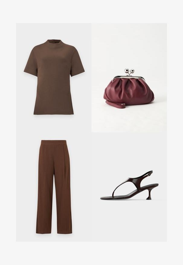 Haut court marron à manches courtes avec un col montant et une fermeture éclair au dos. Fabriqué à partir d'un tissu lisse avec une texture subtile. Dispose d'une poche sur le côté.; Pantalon marron à jambes larges avec une texture lisse, présentant un devant plat et des plis. La taille est élastiquée pour le confort et l'ajustement.; Sandale slingback en cuir verni marron foncé avec petit talon et bride entre les orteils sur fond blanc.; Petit sac pochette en cuir bordeaux avec fermoir métallique argenté et bracelet sur fond blanc.