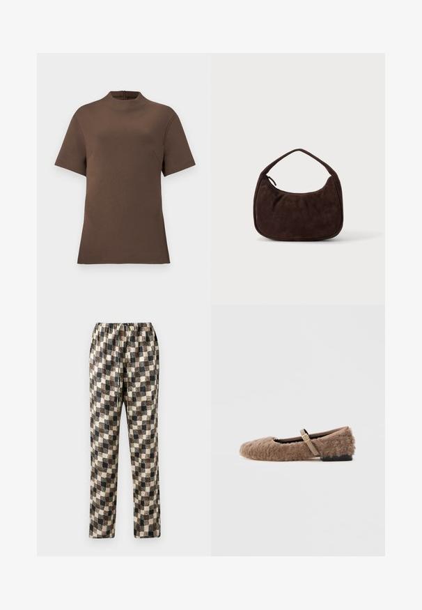 Haut court marron à manches courtes avec un col montant et une fermeture éclair au dos. Fabriqué à partir d'un tissu lisse avec une texture subtile. Dispose d'une poche sur le côté.; Pantalons à carreaux dans des teintes de noir, marron et crème avec une taille élastique ; tissu lisse avec un motif légèrement texturé.; Chaussure plate marron et duveteuse avec une bride Mary Jane et un détail de boucle dorée. Texture douce, bout carré et petit talon bloc. Doublure intérieure lisse.; Sac à main en daim marron foncé avec une courte sangle et une forme rectangulaire arrondie sur un fond uni clair.