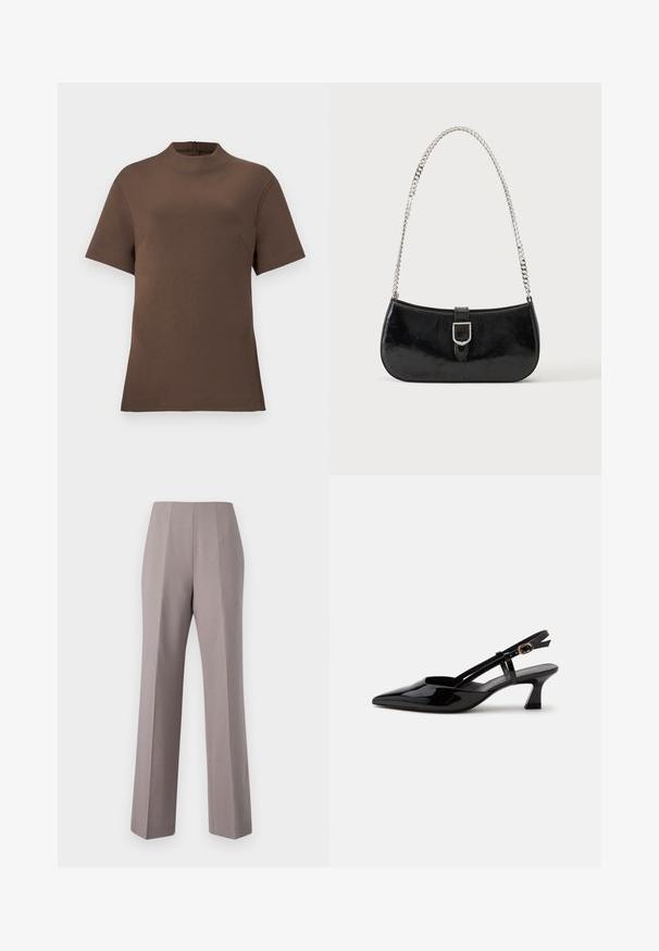 Haut court marron à manches courtes avec un col montant et une fermeture éclair au dos. Fabriqué à partir d'un tissu lisse avec une texture subtile. Dispose d'une poche sur le côté.; Pantalons gris ajustés avec une taille haute, des jambes larges et des plis avant marqués. Fabriqués en tissu lisse, avec des bords nets et sans quincaillerie visible.; Chaussure slingback en cuir verni noir à petit talon, bout pointu et bride réglable avec boucle dorée sur fond blanc.; Sac à épaule en cuir verni noir avec détail de boucle argentée et bandoulière en chaîne argentée, présenté sur un fond uni clair.