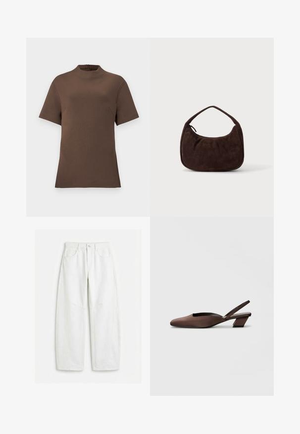 Haut court marron à manches courtes avec un col montant et une fermeture éclair au dos. Fabriqué à partir d'un tissu lisse avec une texture subtile. Dispose d'une poche sur le côté.; Jean blanc à jambes droites avec poches avant, passants pour ceinture, fermeture par bouton et détails de coutures visibles.; Chaussure slingback marron avec une tige en tissu doux, bout pointu et un talon bloc géométrique, présentant un design découpé pour la respirabilité.; Sac à main en daim marron foncé avec une courte sangle et une forme rectangulaire arrondie sur un fond uni clair.