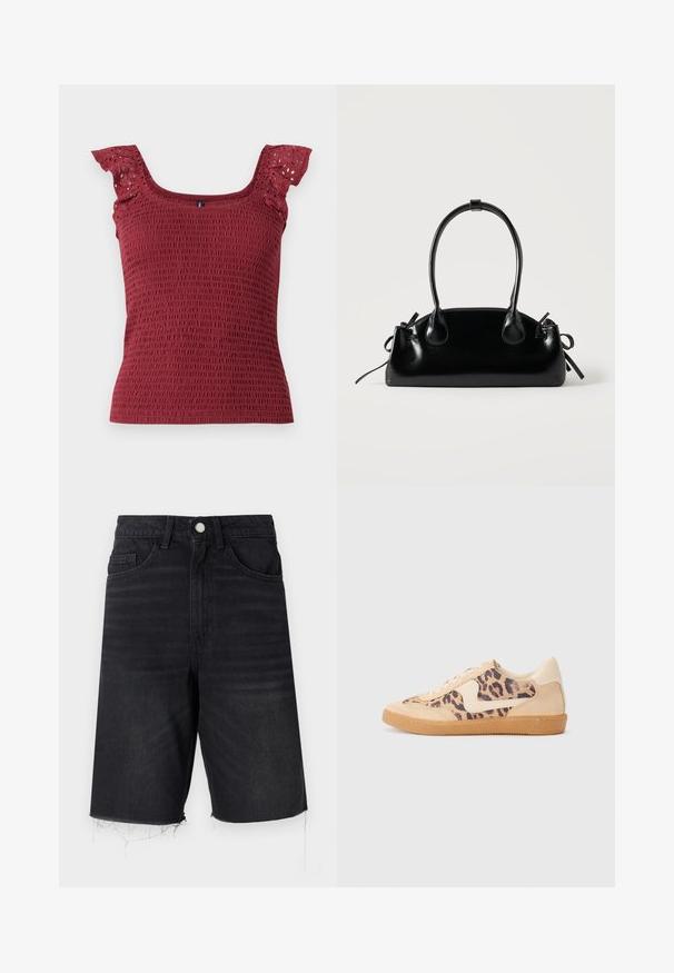 Burgunderfarbene, smockierte Tanktop mit einem quadratischen Ausschnitt und zarten, gerüschten Ärmeln mit Lochstickerei. Weicher, strukturierter Stoff.; Schwarze Denim-Shorts mit hoher Taille, fünf Taschen, Knopfverschluss und ausgefranstem Saum. Sie besitzen eine glatte Textur mit leichter Ausbleichung.; Löwenmuster-Sneaker mit beige Wildleder-Obermaterial, tanfarbener Gummisohle und weißen Akzenten. Runde Zehenform und Schnürdesign mit strukturiertem Finish.; Kleine schwarze glänzende Handtasche mit zwei langen Griffen und seitlichen Kordelzug-Details vor einfachem hellem Hintergrund.