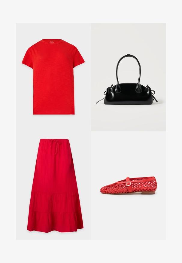 T-shirt rouge uni à manches courtes avec un col rond, exposé à plat sur un fond clair. Aucun motif ou graphique visible.; Jupe rouge vif, longueur cheville, coupe ample, plis subtils, ourlet à volants et taille à cordon, présentée sur un fond clair et uni.; Ballerines rouges avec un design tissé, bride ajustable avec boucle en argent, bout rond et semelle en bois plate. Tige texturée pour une meilleure respirabilité.; Petit sac à main noir brillant avec deux longues anses et des détails à cordon sur les côtés sur un fond clair uni.