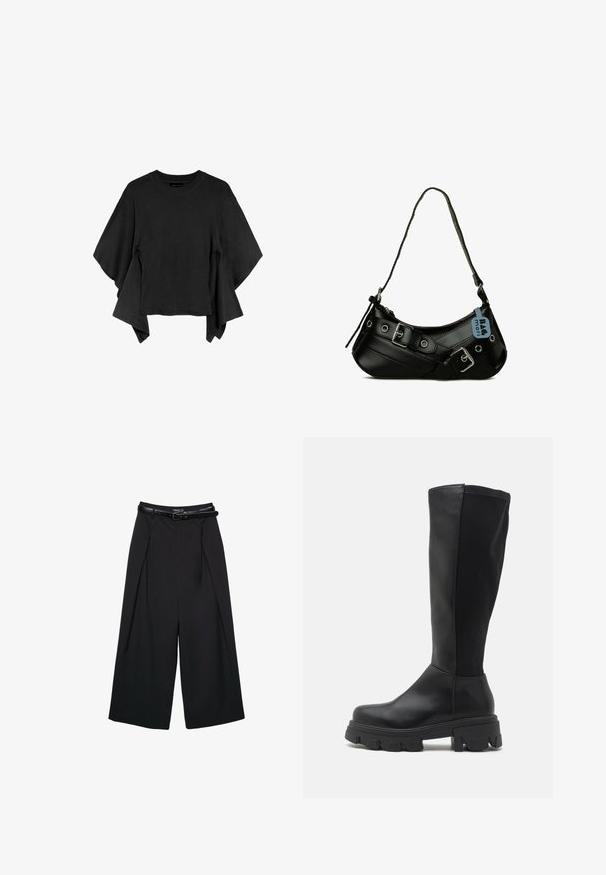 Haut noir à manches courtes avec larges panneaux de tissu drapés et flottants sur les côtés, encolure ronde et ourlet droit.; Pantalon court noir à jambes larges avec plis devant et ceinture fine en cuir noir avec boucle argentée.; RAID WILMA - Bottes à plateau - black; Sac à main synthétique noir avec une forme courbée, une bandoulière réglable et des boucles décoratives en métal. Présente une texture lisse et brillante.