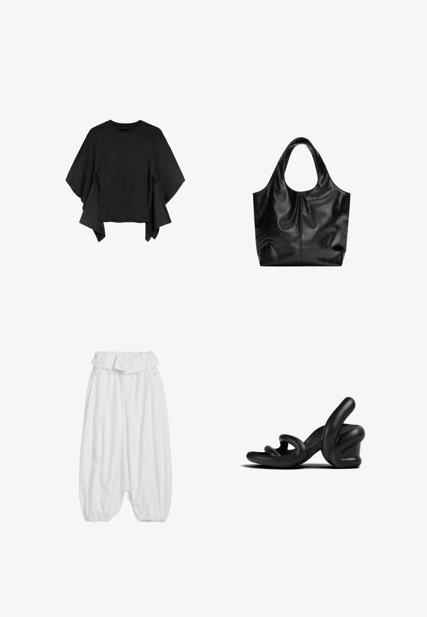 Schwarzes Kurzarm-Top mit lockeren, weiten, drapierten Stoffbahnen, die von den Seiten ausgehen, rundem Ausschnitt und geradem Saum.; Weiße, locker sitzende Hose mit hoher Taille, gerafftem Bund, seitlichen Knöpfen und elastischen Bündchen an den Knöcheln.; Schwarze hochhackige Sandalen mit einem skulpturalen Designs aus Gummi. Mit geschwungenen Riemen und einem dicken Absatz. Glatte, matte Textur.; Schwarze Leder-Tote mit glatter Textur, weichem, abgerundetem Oberteil und breiten Tragegriffen. Merkmale minimale Nähte und eine lässige Silhouette.