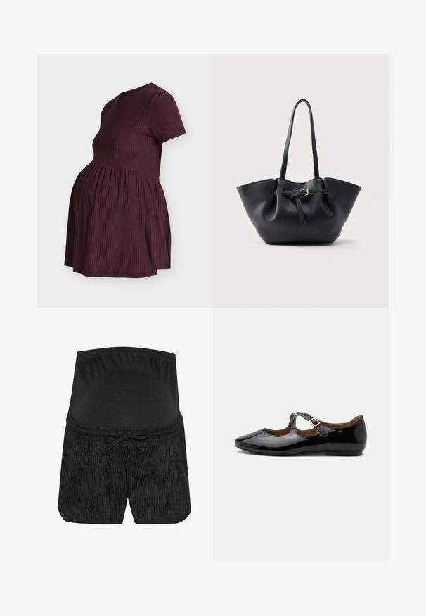 Kortærmet, ribstrikket, mørk bordeaux graviditetskjole med rynket talje og rund halsudskæring vist på en mannequin.; Sorte graviditetsshorts med et tekstureret design, snørelukning i taljen og en glat, elastisk talje. Blødt stof for komfort.; Sort laklæder Mary Jane-flad sko med to udskæringer og en guldbuckelrem på hvid baggrund.; Sort lædertaske med lange håndtag og en frontrem med en lille gylden spænde, sat mod en ensfarvet baggrund.