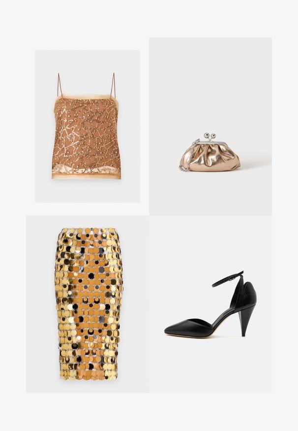 Braunes transparentes Camisole mit dünnen Trägern, verziert mit goldenen Pailletten und kleinen silbernen Strasssteinen in einem aufwändigen Muster.; Rabanne Bleistiftrock - brown/black; Schwarzer Leder-Pumps mit spitz zulaufender Vorderkappe, Knöchelriemen und kegelstumpfförmigem Absatz vor weißem Hintergrund.; Kleine goldene Metallic-Clutch mit silbernem Verschluss und Kettengurt auf einfachem hellem Hintergrund.