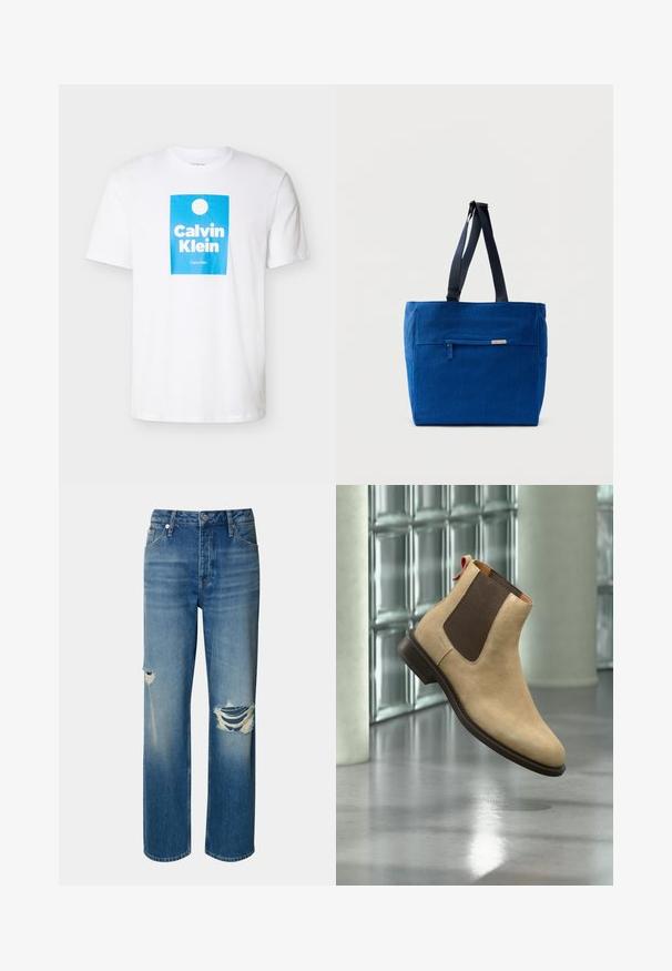 Wit T-shirt met korte mouwen en een blauw rechthoekig ontwerp met een witte cirkel en de tekst "Calvin Klein" in dikke witte letters.; Lichtblauwe denim jeans met een hoge taille, rechte pijpen en versleten scheuren op beide knieën. Voorzien van het klassieke vijf-pocket ontwerp en een knoopsluiting.; Beige suède Chelsea-laars met donkerbruine elastische zijpanelen en trekband, getoond zwevend boven een reflecterende gepolijste vloer binnen.; Blauwe canvas boodschappentas met een voorvak met rits, dubbele schouderbanden en een rechthoekige vorm. Heeft een subtiel merklabel.
