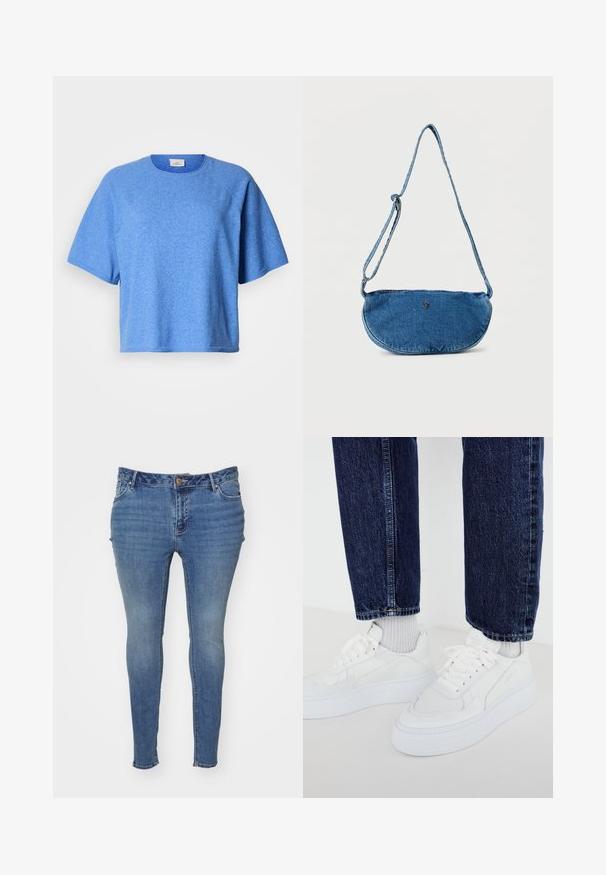 Blauw T-shirt met korte mouwen van gestructureerde stof, voorzien van een ronde hals en een ontspannen pasvorm. Het heeft een nette zoom en subtiele stiksel-details.; Dunne blauwe spijkerbroek van denim met een vervaagde afwerking. Beschikt over een vijf-pocket ontwerp en een knoopsluiting bij de taille.; Witte sneakers met een textuurontwerp en dikke zolen, gecombineerd met lichtgrijze geribbelde sokken en donkerblauwe spijkerbroek.; Blauwe denim crossbodytas met verstelbare riem en klein metalen logo aan de voorkant, weergegeven tegen een witte achtergrond.