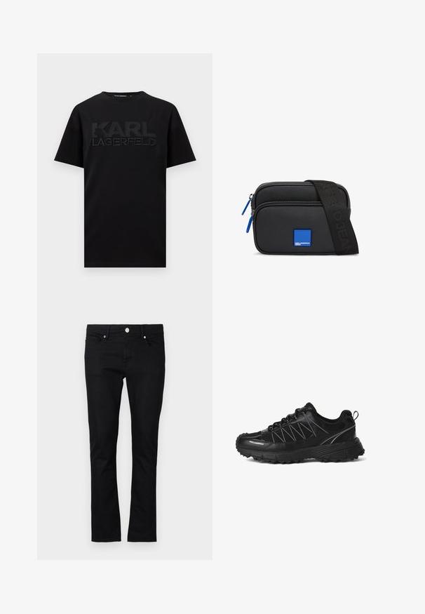 Zwart T-shirt met korte mouwen en ronde hals met verhoogd, reliëf "KARL LAGERFELD" logo over de borst.; Zwarte denim jeans met een slim fit, rechte pijpen, vijf-pocket stijl en metalen knoopsluiting, met minimale stikseldetails.; Zwarte lage sneaker met dikke profielzool, bovenwerk van mesh en synthetisch materiaal, vetersluiting, trekstrookje bij de hiel en "KARLLAGERFELD" logo aan de zijkant.; Zwarte synthetische crossbody tas met een blauw vierkant logo, twee ritscompartimenten en een zwarte schouderband met merktekst.