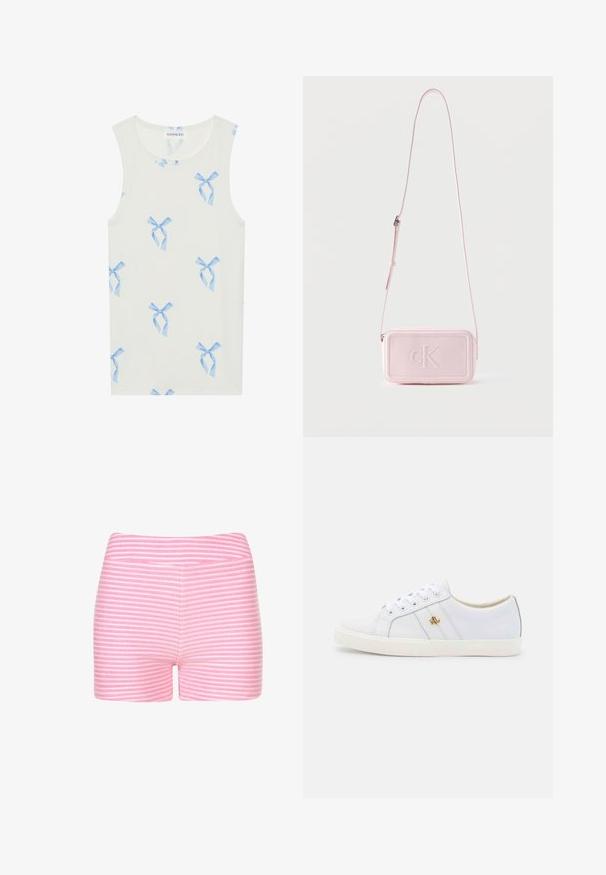 Witte tanktop met blauwe strikpatronen, gemaakt van zachte katoen. Heeft een ronde halslijn en een mouwloos ontwerp voor comfort.; Roze en witte gestreepte shorts van zachte stof. Heeft een getailleerd ontwerp en een soepele tailleband zonder aanvullende details of hardware.; Lauren Ralph Lauren JANSON II ACTION LEATHER SNEAKER - Sneakers laag - real white; Lichtroze rechthoekige crossbodytas met verstelbare band en geperst "cK"-logo op het voorpaneel tegen een witte achtergrond.