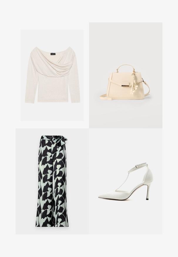 Top de manga larga color blanco roto con un cuello drapeado. Tejido suave con una textura lisa. Etiqueta visible en el escote. Diseño sencillo.; Pantalones de pierna ancha en negro con patrones florales abstractos en verde menta. Presentan una cintura alta con un cinturón atado para un ajuste ajustable.; Zapato de tacón alto blanco con punta puntiaguda, tira fina en el tobillo con hebilla, acabado liso y tacón de aguja delgado sobre un fondo liso.; Bolso estructurado beige con asa superior, panel frontal tejido, adorno de borla floral y una correa para el hombro desmontable, etiquetado como Anna Field.