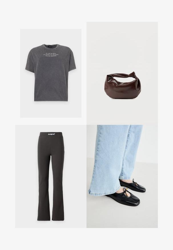 Even&Odd by Zalando TONIA TEE - T-shirts print - black; Sorte flarebukser lavet af strækbart stof med en glat tekstur. Har en bred talje med logodetaljer øverst.; Sorte læder balletflade med rund tå, der har udskæringer og sløjfekvaster, båret med lyseblå viddejeans.; Mørkebrun læder skuldertaske med en blød, afslappet form og et snoet knudehåndtag på en ensartet hvid baggrund.