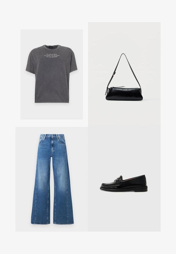 Even&Odd TONIA TEE - Trükipildiga T-särk - black; Laiad sinised denim püksid kõrge vöökohaga, millel on ees taskud ja pleekinud välimus, valmistatud puuvillast sujuva tekstuuriga.; Mustad musta nahast loafers, millel on mokasiinistiilis disain, kaunistatud õmmeldud varba detailiga ja väikese metallaktsendiga küljel. Lamav kummitald.; Mustast nahast õlakott õhukese reguleeritava rihmaga, tõmblukuga sulgemine ja väike metallist "GUESS" logo esiküljel keskelt.