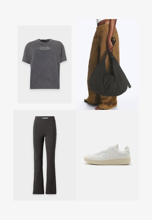 Even&Odd by Zalando TONIA TEE - T-shirts print - black; Sorte flarebukser lavet af strækbart stof med en glat tekstur. Har en bred talje med logodetaljer øverst.; Hvide lædersneakers med perforeret tåboks, kontrasterende beige gummisål og logoer på siden og hælen. Minimalistisk design.; Person iført brune vidde bukser og hvid top holder en stor sort blød håndtaske i remmen ved siden.