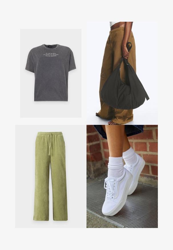 Even&Odd TONIA TEE - T-shirt print - black; Groene corduroybroek met een wijde pijpdesign, elastische tailleband en aansnoerdetail. Verticale ribbels in de stof creëren textuur.; Witte canvas sneakers met rubberen zolen, voorzien van zes vetertjes, een ronde neus en lichte stikdetails, gecombineerd met witte enkelsokken.; Persoon met bruine wijde broek en wit topje houdt een grote zwarte zachte handtas aan het hengsel bij hun zijde vast.