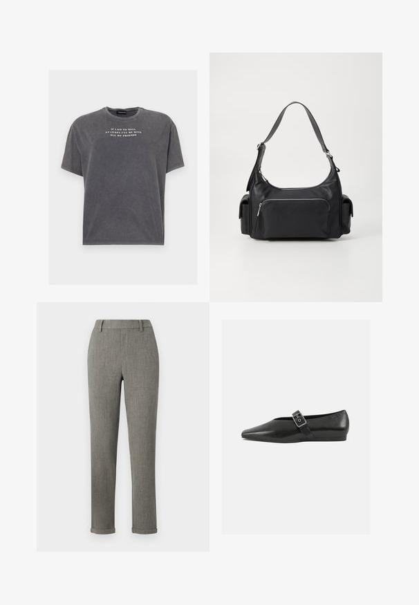 Even&Odd by Zalando TONIA TEE - T-shirts print - black; Grå skræddersyede slim-fit bukser med bæltestropper og opsmøgede kanter, velegnet til formelt eller kontorbrug.; Sorte læder flade sko med spidse tæer, prydet med en metallisk spænde over vristen og en lav, fleksibel sål.; Sort læder skuldertaske med en rund form, lynlåslomme foran og to sidelommer. Har en enkelt justerbar skulderrem.