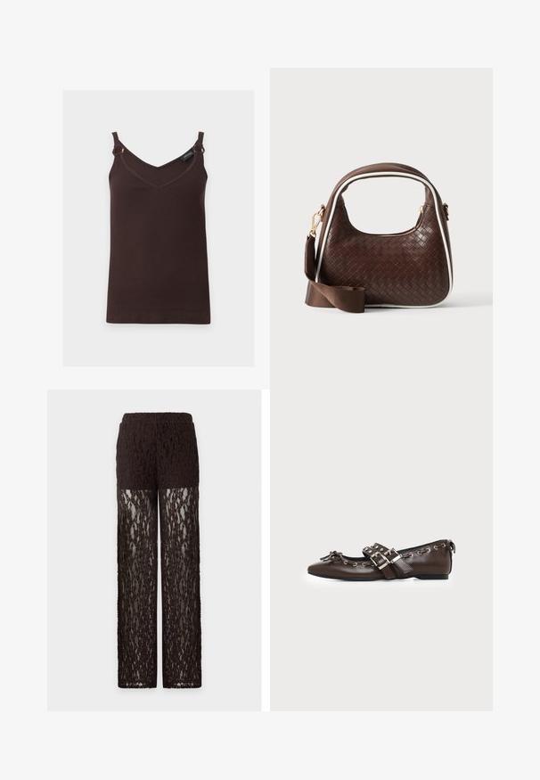 Débardeur côtelé sans manches, marron foncé, avec encolure en V, fines bretelles et anneaux métalliques aux épaules, présenté sur un fond blanc uni.; Pantalon en dentelle marron avec partie haute de la cuisse opaque et jambes en dentelle transparente, coupe droite et taille élastique.; Chaussure plate en cuir marron foncé avec bout pointu, doubles brides à boucles argentées, œillets métalliques et nœud décoratif à l'avant.; Sac à main en cuir tressé marron avec passepoil blanc, fermeture éclair dorée et bandoulière amovible en tissu marron.