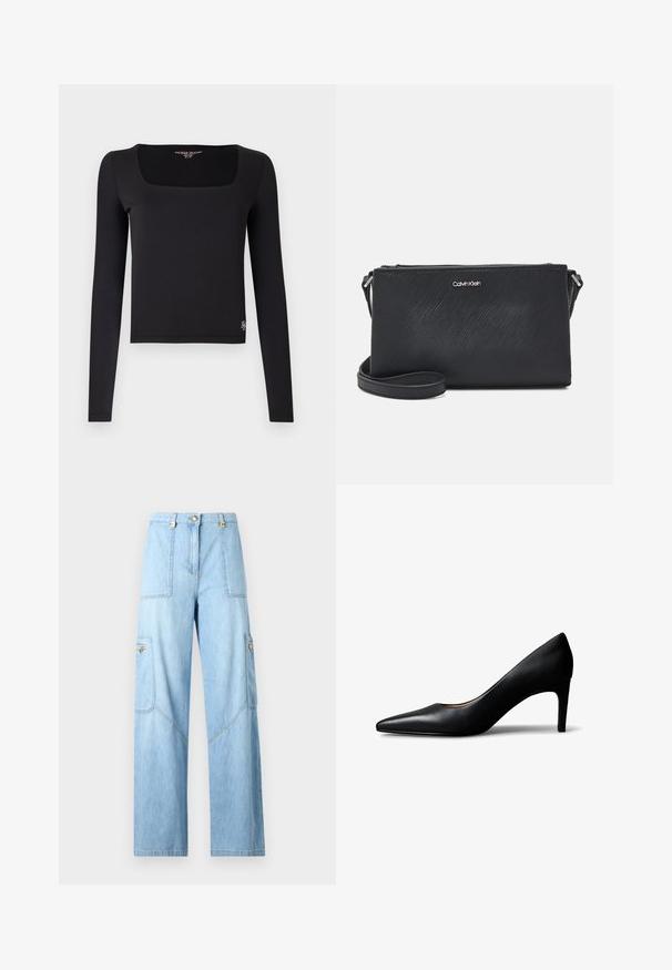 Top negro de manga larga con escote cuadrado y diseño ajustado. Confeccionado en tela suave, con un pequeño detalle de logo en el dobladillo.; Vaqueros de pierna ancha azul claro de denim. Cuenta con grandes bolsillos laterales, detalles de costura y un cierre de botón con acentos dorados.; Zapato de mujer tipo pump de cuero negro con punta afilada y tacón medio, mostrado de lado sobre un fondo blanco.; Bolso cruzado negro de Calvin Klein, hecho de material texturizado, con cierre de cremallera y correa ajustable con logo en relieve.