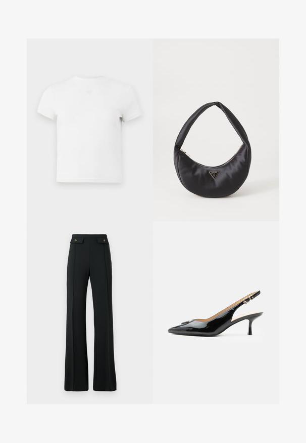 Camiseta blanca de manga corta, con cuello redondo, hecha de algodón suave. Presenta un sutil detalle del logotipo en el centro del pecho. Textura suave.; Pantalones de tiro alto de campana negros con detalles de costura frontal y dos bolsillos con tapeta y botones dorados en la cintura.; Tacón slingback de charol negro con puntera puntiaguda, tacón pequeño tipo kitten y correa con hebilla plateada sobre un fondo blanco liso.; Bolso de satén negro con forma curva, que cuenta con un cierre de cremallera y un logo triangular en metal en la parte delantera. Textura suave y diseño elegante.