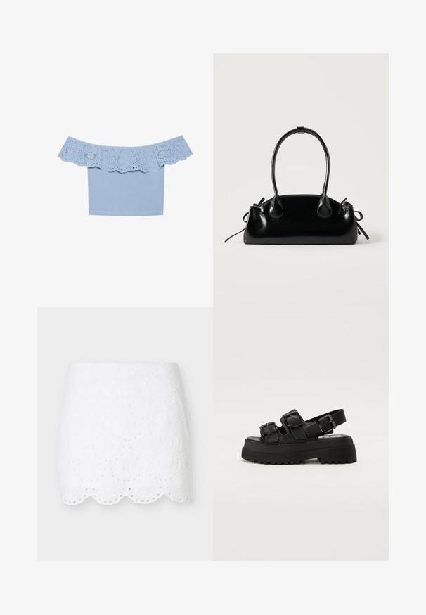 Blusa azul claro sin mangas con escote de volantes y recortes de ojal. Tejido suave con un diseño de cuerpo ajustado.; Minifalda blanca con bordado de ojal, dobladillo festoneado y patrones florales troquelados, mostrada sobre un fondo liso gris claro.; Sandalias de plataforma negras con tres correas ajustables de hebilla, una suela texturizada y una parte superior suave. Diseñadas con una silueta robusta y gruesa.; Pequeño bolso negro brillante con dos asas largas y detalles de cordón lateral sobre un fondo claro liso.