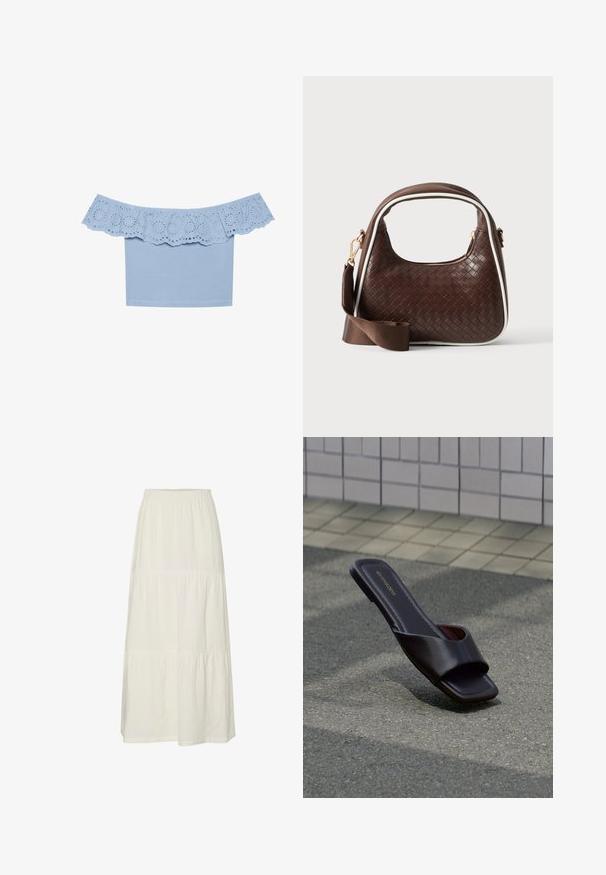 Lyseblå off-the-shoulder top med rynket kanter og øjebliksudskæringer. Glat stof med en tætsiddende design.; Hvid, lagdelt maxiskørt lavet af let, struktureret stof med elastisk talje. Har tre forskellige stofsektioner.; Mørkebrun sandal med åben tå, firkantet tå og bred rem, hvilende på grå asfalt nær flisebelagt fortov.; Brun vævet læderhåndtaske med hvid piping, guldfarvet lynlås og aftagelig brun stofskulderrem.